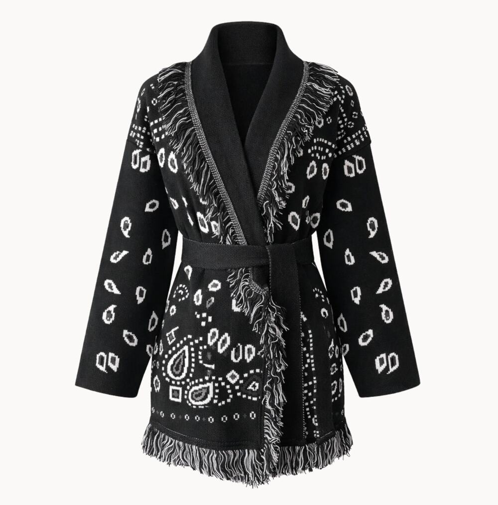 Made in Italy | Black White Paisley Jacquard Knit Fringe Cardigan *no belt* S